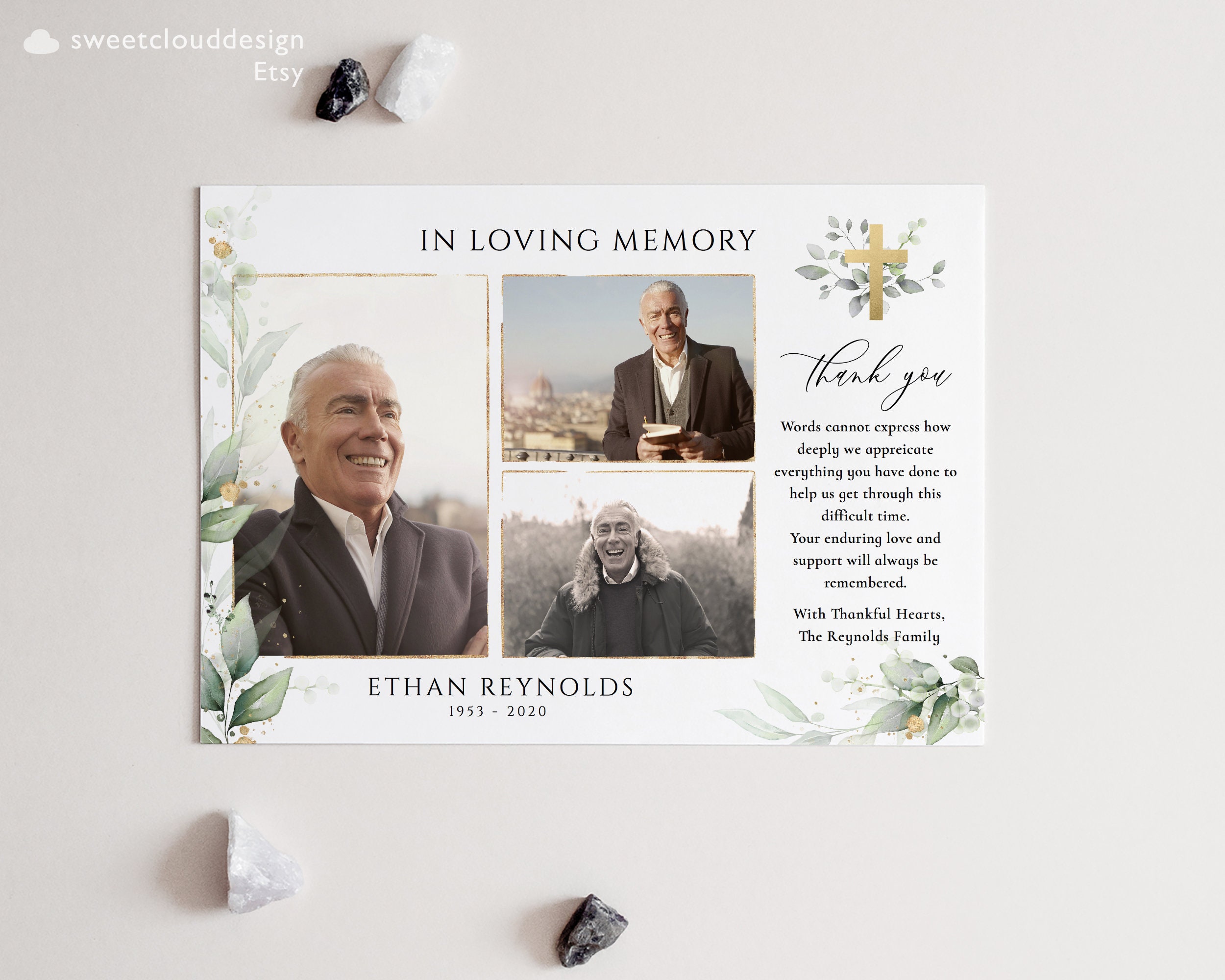 Gold Cross Greenery Funeral Thank You Card Photo Thank You in Loving ...