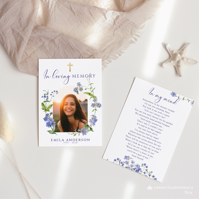 Me Nots Flower Funeral Photo Prayer Card Gold Cross Etsy