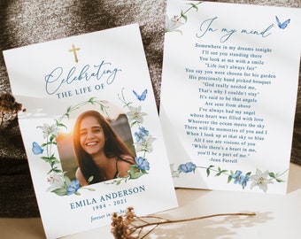 White Lily blue butterfly Funeral Photo Prayer card Gold cross White floral Funeral bookmark Prayer card Memorial Card Celebration of Life