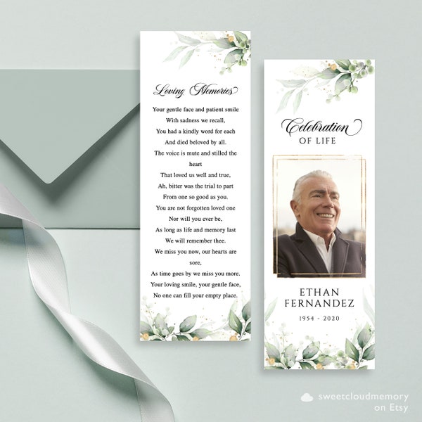 Greenery and Gold in loving memory Funeral Bookmark Template Gold Celebration of Life Bookmark  Funeral Keepsake  Memorial Card  Remembrance