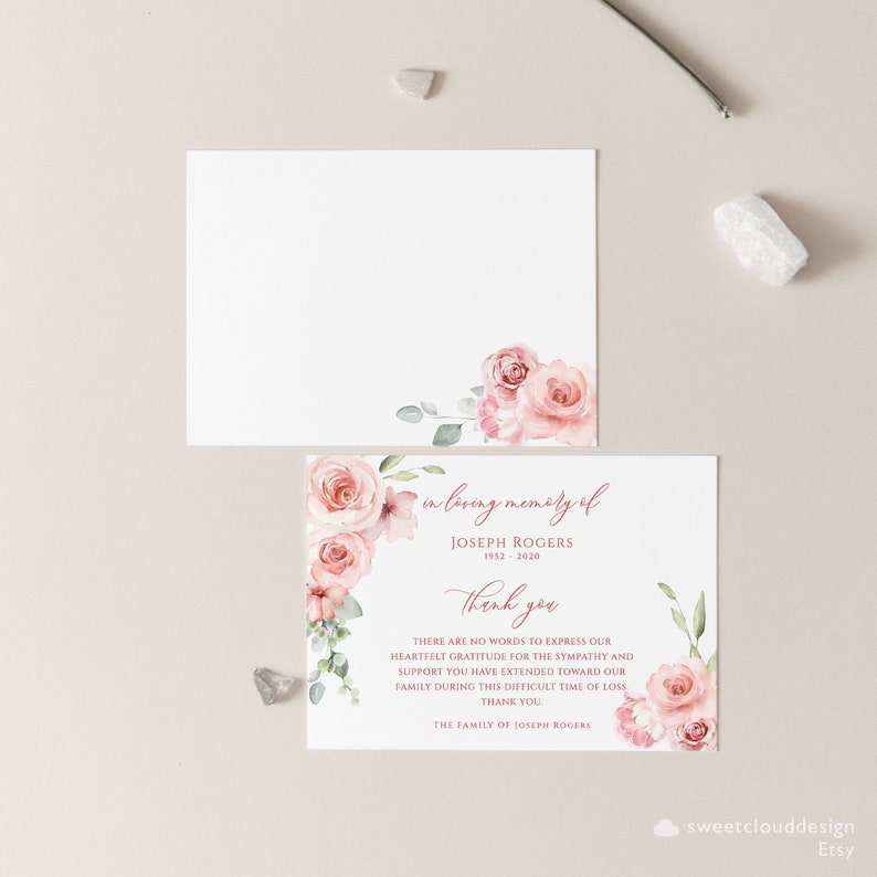 Blush Floral Funeral Thank You Card Pink Flower Funeral Thank You Red ...