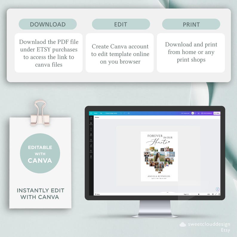 May include: A digital mockup of a printable photo collage template for Canva. The template features a heart shape made of photos with the text "Forever in our Hearts" and a name at the bottom. The template is displayed on a computer screen.