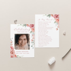 Carte de prière photo florale rose Fleur de pêche corail modifiable Signet funéraire Carte de prière Carte commémorative Célébration de la vie Carte de prière commémorative