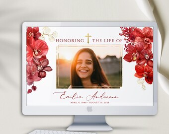 RED flower Funeral Photo Virtual background,red orchid ZOOM template for virtual memorial,red orchid computer background for memorial