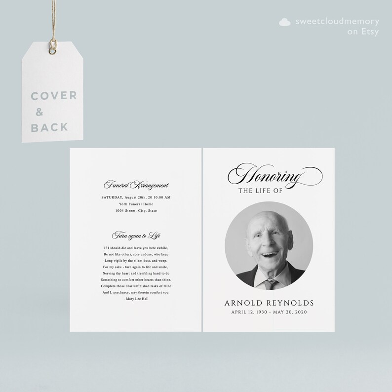 May include: Black and white funeral program with a photo of a man smiling. The program includes the text "Honoring the Life of Arnold Reynolds, April 12, 1930 - May 20, 2020".