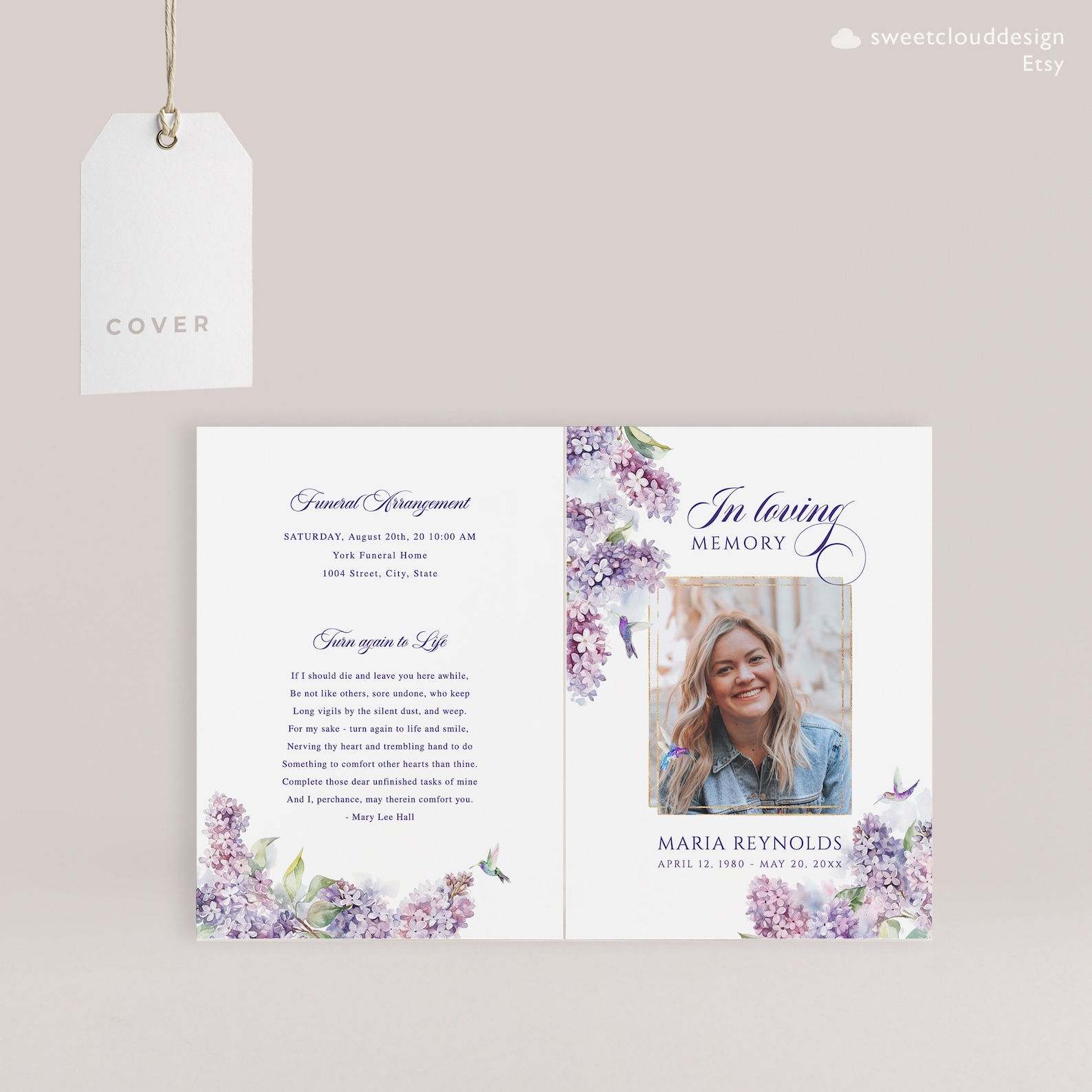 Lilac and Bird Funeral Program Template Purple Floral Funeral Memorial ...