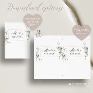 May include: Two printable recipe book covers with a gold frame and green watercolor leaves. The text on the covers reads "Alisha's Recipes".