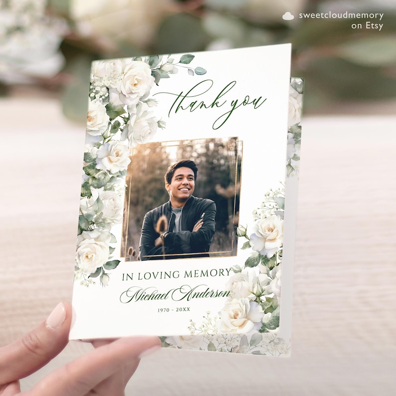 White Rose Funeral Thank You Card White Flower Funeral Thank You Photo ...