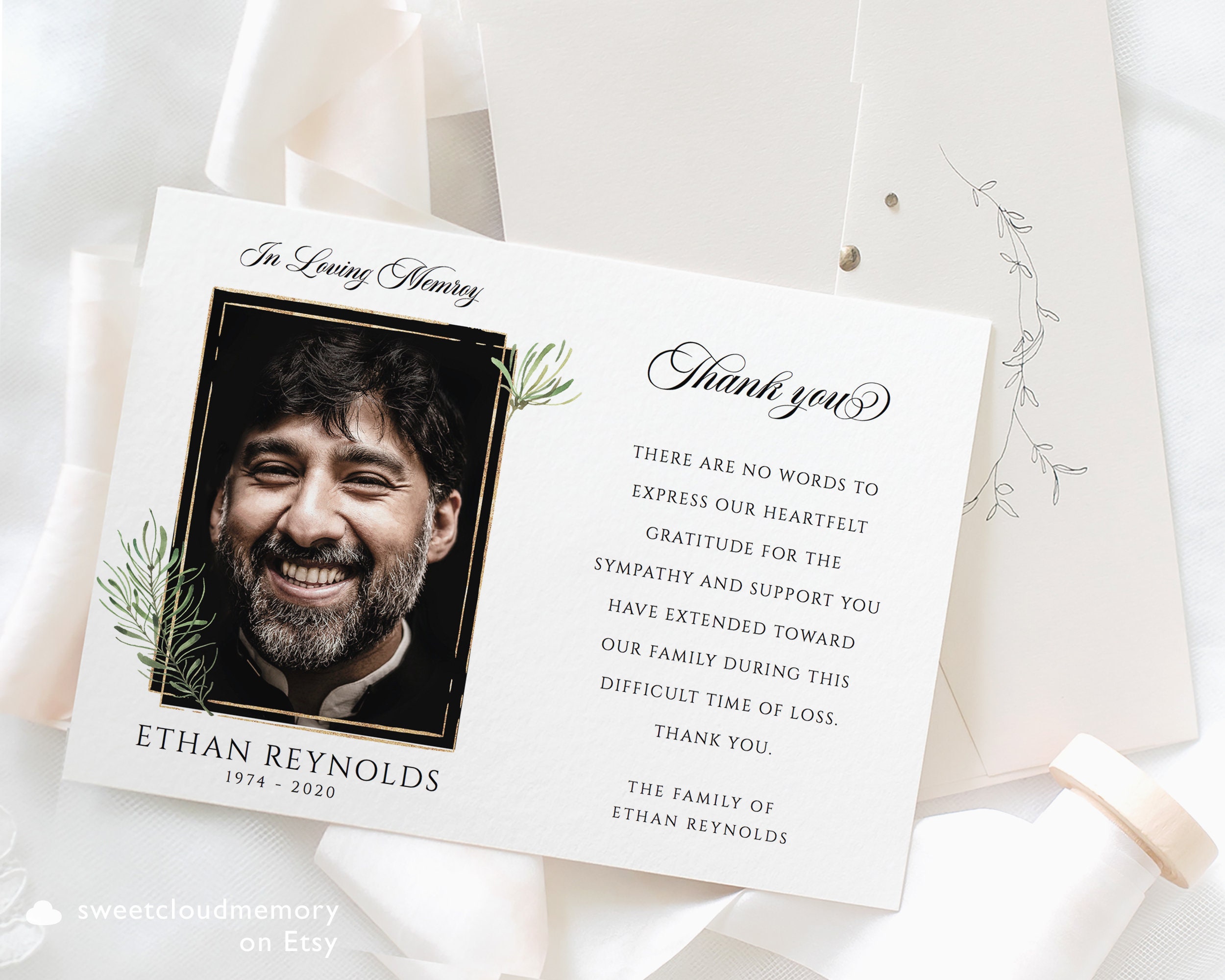 Gold Funeral Thank You Card Funeral Thank You Photo Editable Card ...