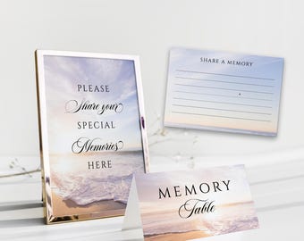 Share A Memory Card and Sign For Funeral Sunset ocean Share Memory Table Cards set Words Of Love with photo Memorial Memory Box card print