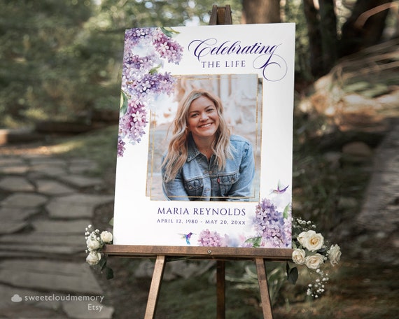 Lilac floral Funeral Sign Lilac humming bird Memorial Service Violet Lilac Celebrating the Life Sign Purple flower in loving memory sign
