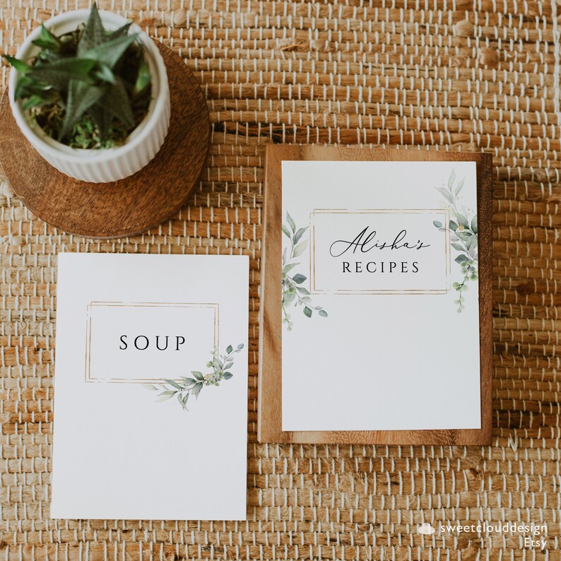 Gold and Greenery Recipe Divider Template Editable gold frame Printable Recipe Cover Template Recipe Divier Printable Modern Cookbook card image 3