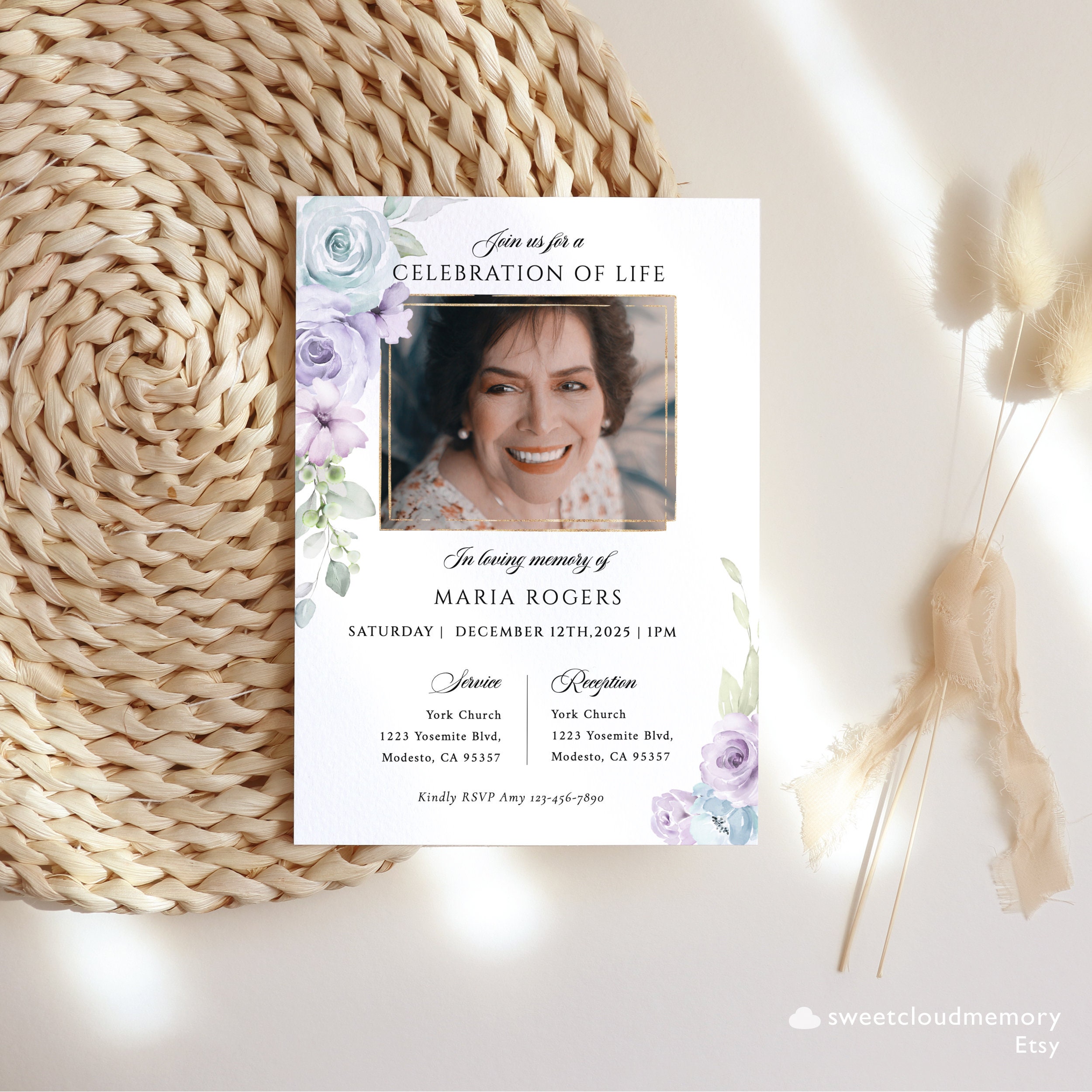 Purple Rose Funeral Invitation Template Blue Rose Photo Celebration of ...
