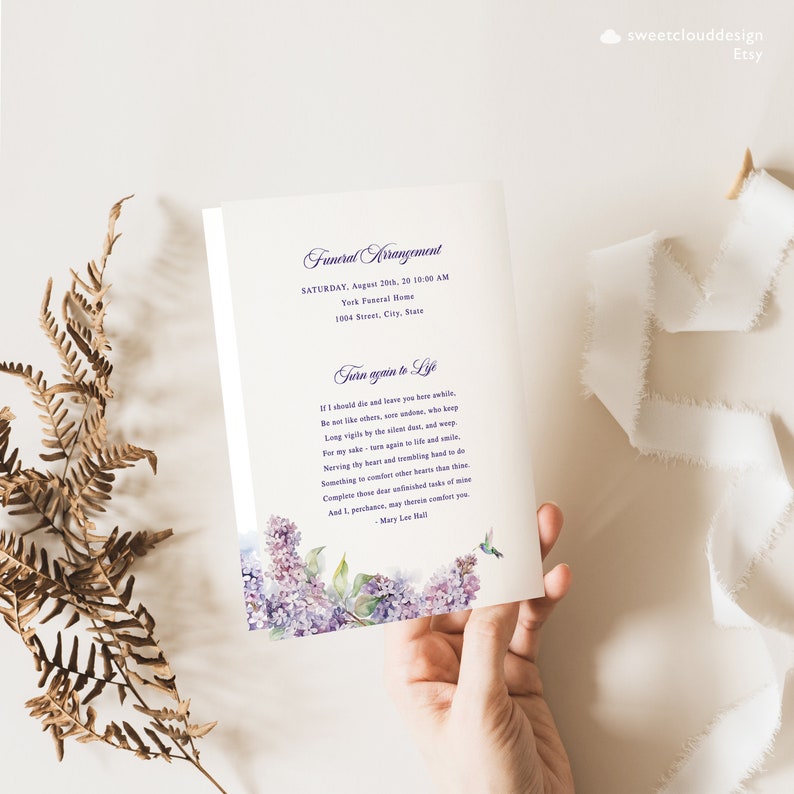 Lilac and Bird Funeral Program Template Purple Floral Funeral Memorial ...