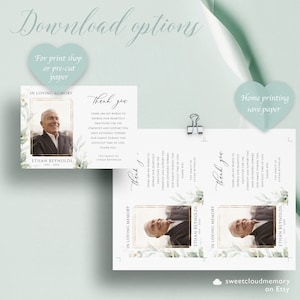 K&ouml;nnte beinhalten: Dankeskarten mit goldenem Rahmen und einem Foto eines Mannes. Die Karten haben einen wei&szlig;en Hintergrund mit gr&uuml;nen und wei&szlig;en floralen Designs. Der Text auf den Karten lautet "Danke" und "Es gibt keine Worte, um unsere herzliche Dankbarkeit f&uuml;r die Anteilnahme und Unterst&uuml;tzung auszudr&uuml;cken, die Sie unserer Familie in dieser schweren Zeit des Verlustes entgegengebracht haben. Danke." Die Familie von Ethan Reynolds.