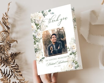White Rose Funeral Thank You Card White flower Funeral Thank You Photo Editable Memorial Card Printable Thank You Card Template funeral card