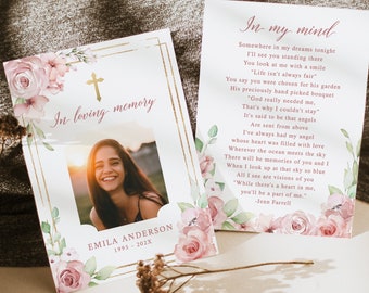 Blush Floral Funeral Photo Prayer card Gold cross Pink Rose Funeral bookmark Prayer card Memorial Card Celebration of Life memorial Prayer