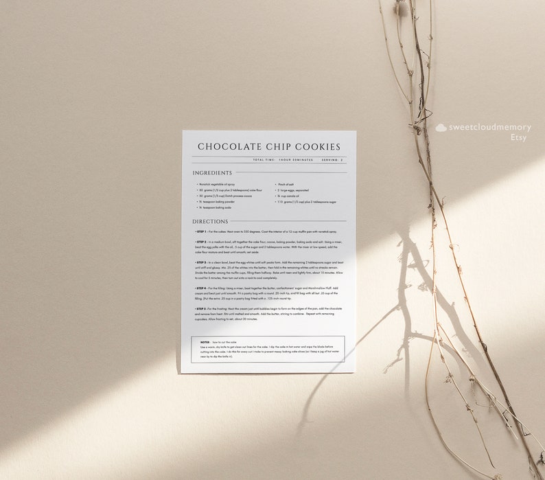 May include: Printable recipe card for chocolate chip cookies with a white background and black text. The recipe includes ingredients and directions for making the cookies. The card has the title "Chocolate Chip Cookies" and the text "sweetcloudmemory Etsy".