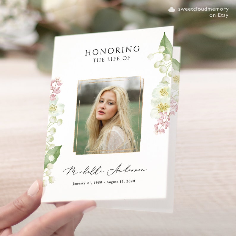 Lily of the valley Funeral Program Template White cherry blossom Memorial program Funeral Service In loving Memory Celebration of life card image 1