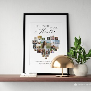 May include: A black framed photo collage in the shape of a heart with the text "Forever in our Hearts" and the name "Angela Reyna" with dates. The collage is made up of many smaller photos of a person.