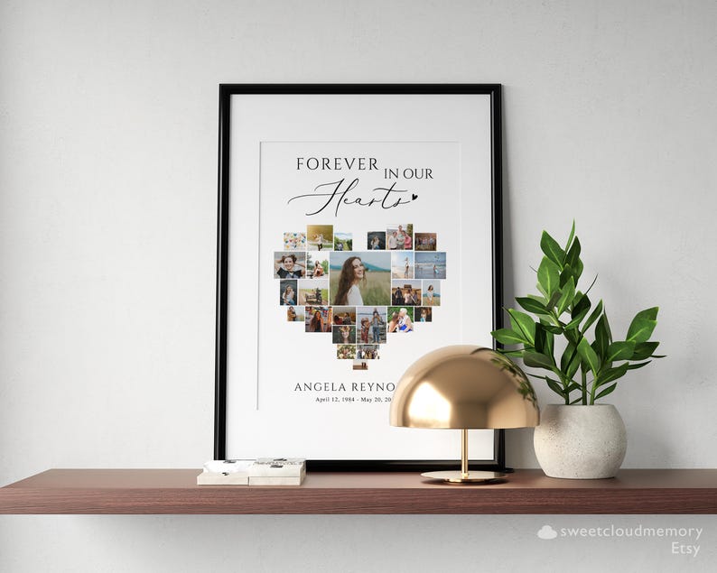 May include: A black framed photo collage in the shape of a heart with the text "Forever in our Hearts" and the name "Angela Reyna" with dates. The collage is made up of many smaller photos of a person.