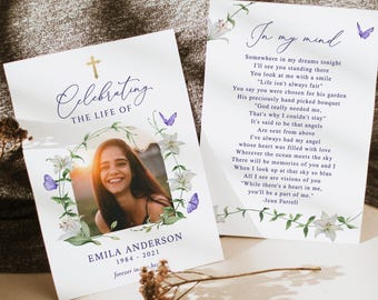 White Lily Purple butterfly Funeral Photo Prayer card Gold cross White floral Funeral bookmark Prayer card Memorial Card Celebration of Life