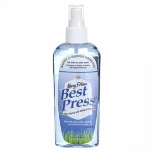 May include: A clear plastic spray bottle of Mary Ellen's Best Press, a clear starch and sizing alternative. The label features a white shirt on a hanger and the words "Linen Fresh". The bottle contains 4.9 fl oz (145 ml).
