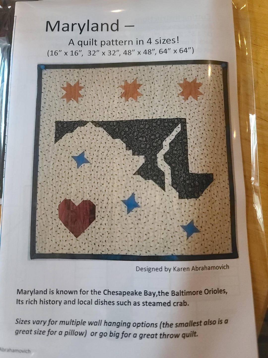 MARYLAND Art Quilt Pattern - Four Sizes - From 16x16