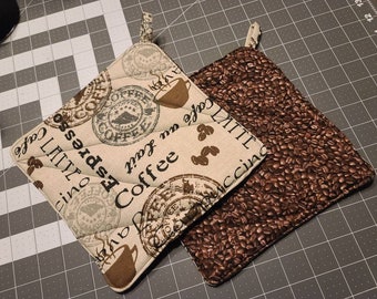 Pot Holders (set of 2),  Coffee/Espresso themed; with 3 layers thermal insulation. 8" square with tab for hanging
