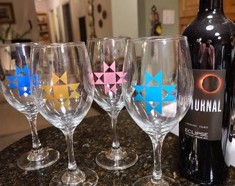 Ohio Star Wine Glasses 12 oz long-stem with Quilters' Design - sip & sew gift for quilters and sewists
