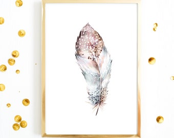 Feather print, digital download, Girls room decor,  bedroom wall decor, watercolor print, gifts for her