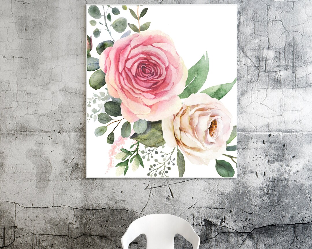 Pink Rose Wall Art, Watercolor Flowers, Floral Art Prints, Floral Wall ...