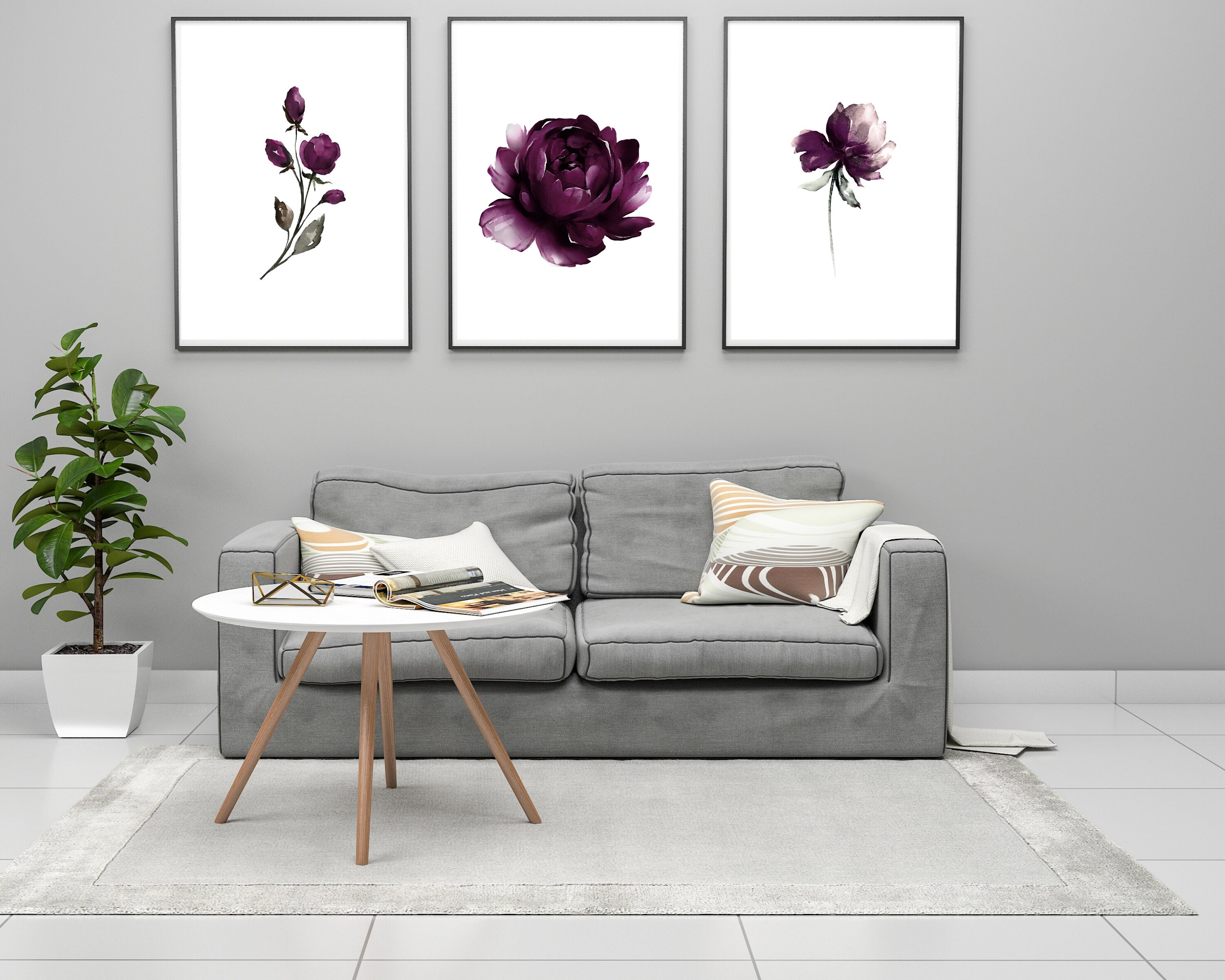 Set of 3 Purple Rose Wall Art Watercolor Flowers Floral Art Etsy