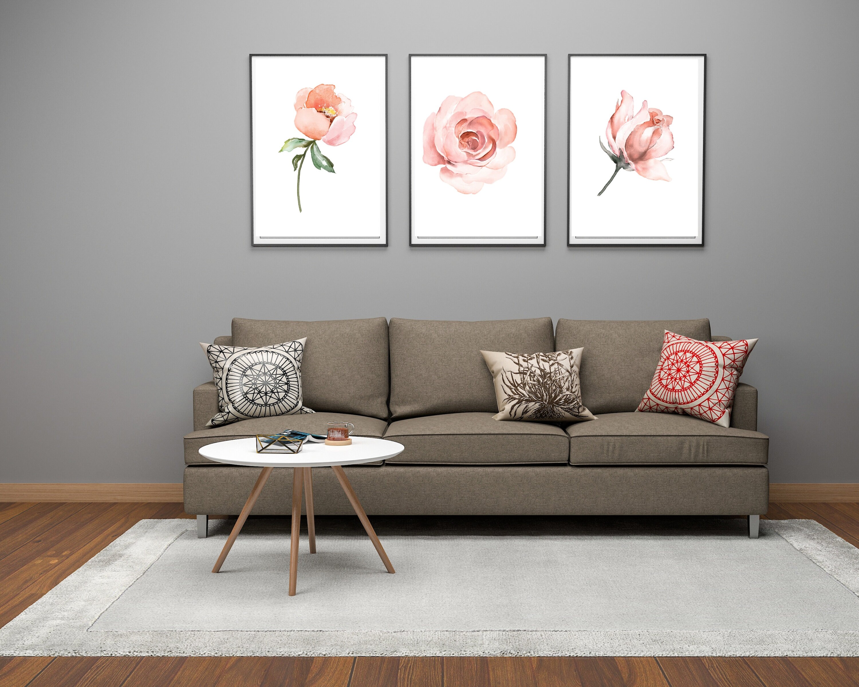 Set of 3 Pink Rose Wall Art Watercolor Flowers Floral Art Etsy