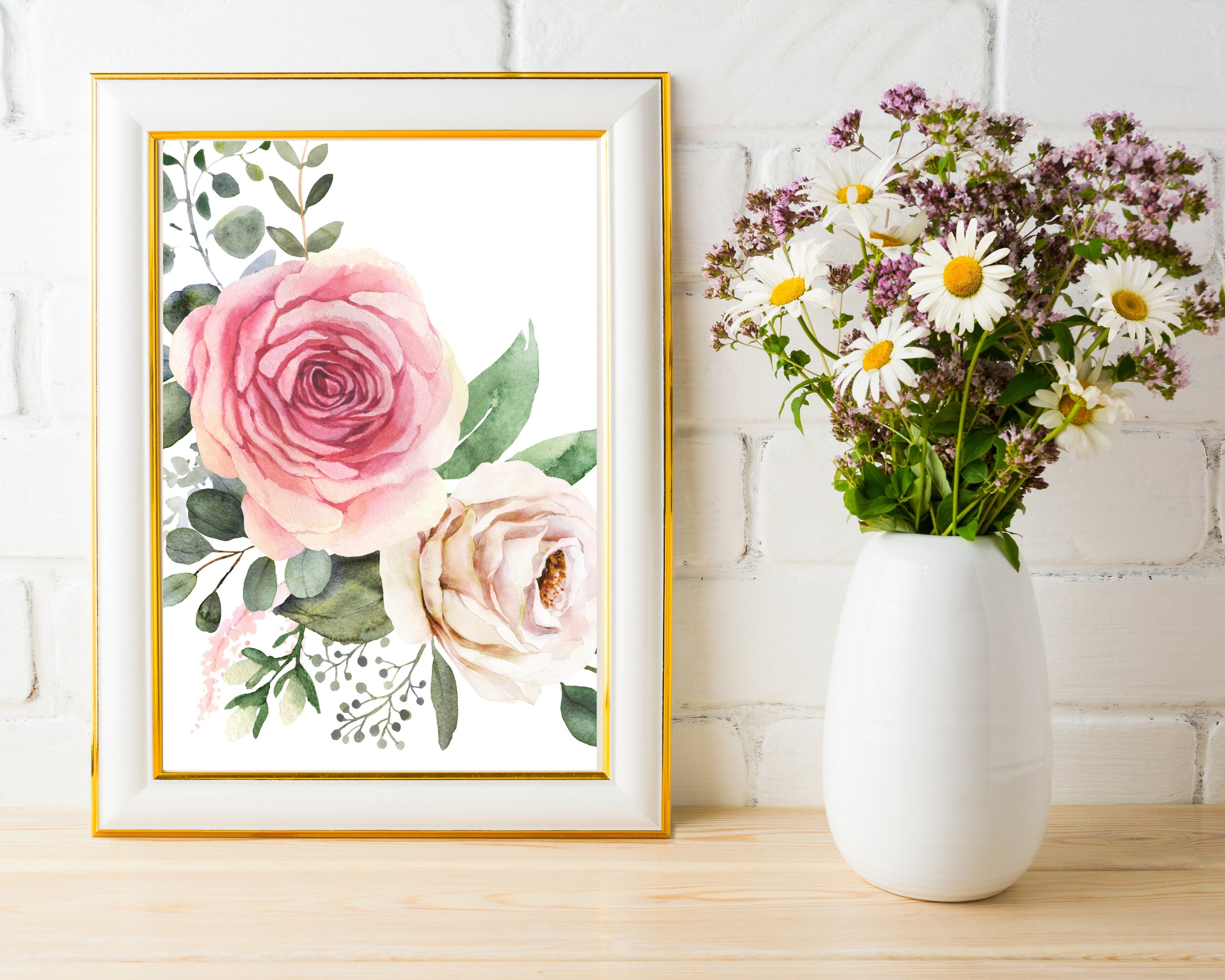 Pink Rose Wall Art, Watercolor Flowers, Floral Art Prints, Floral Wall ...