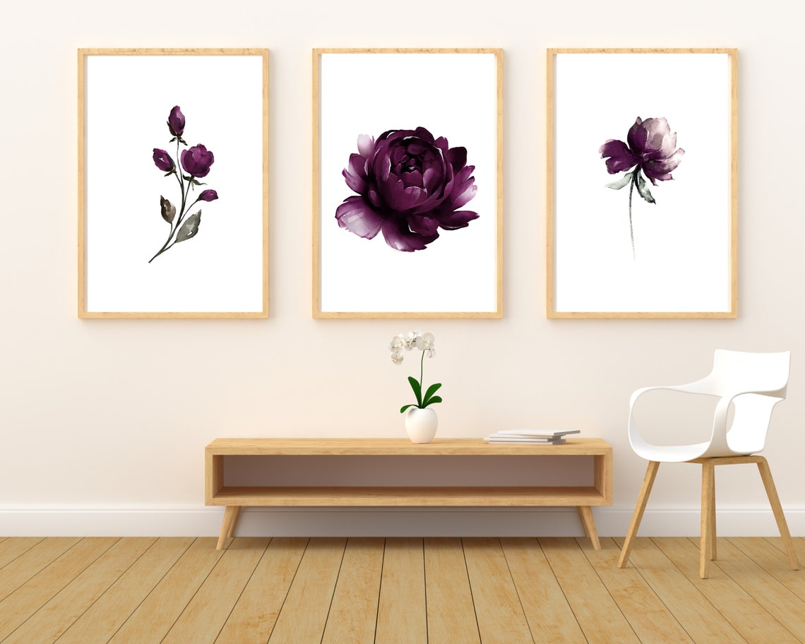 Set of 3 Purple Rose Wall Art Watercolor Flowers Floral Art Etsy
