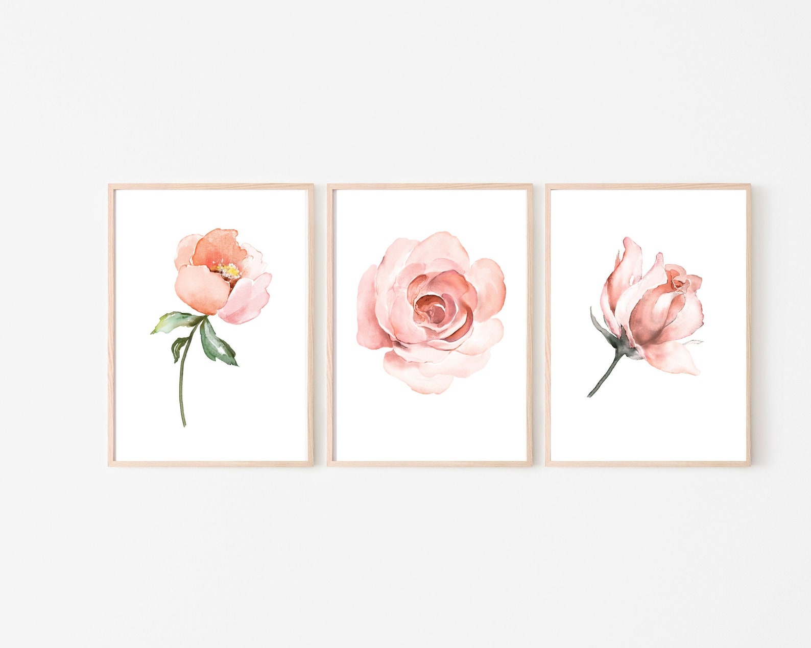 Set of 3 Pink Rose Wall Art Watercolor Flowers Floral Art Etsy