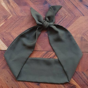 Khaki Green Hair Scarf - Women's Hair - Vintage - Handmade - Bows - Ponytails - Buns - Polyester/Chiffon/Crepe - Neckerchief - Bag Scarf