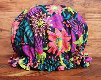 Womens/Kids luxury waterproof shower cap - Black/Bright Floral Print