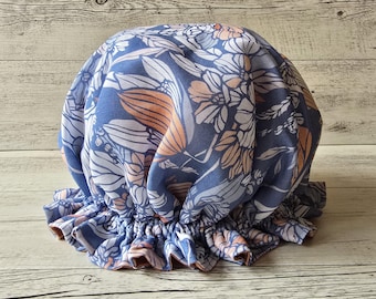 Luxury waterproof shower cap  - Blue Apricot White Floral Linen
