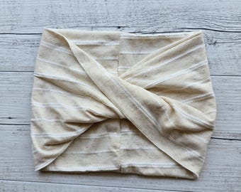 Twisted Wide Headband: Beige Cotton Knit Turban - Adult Size