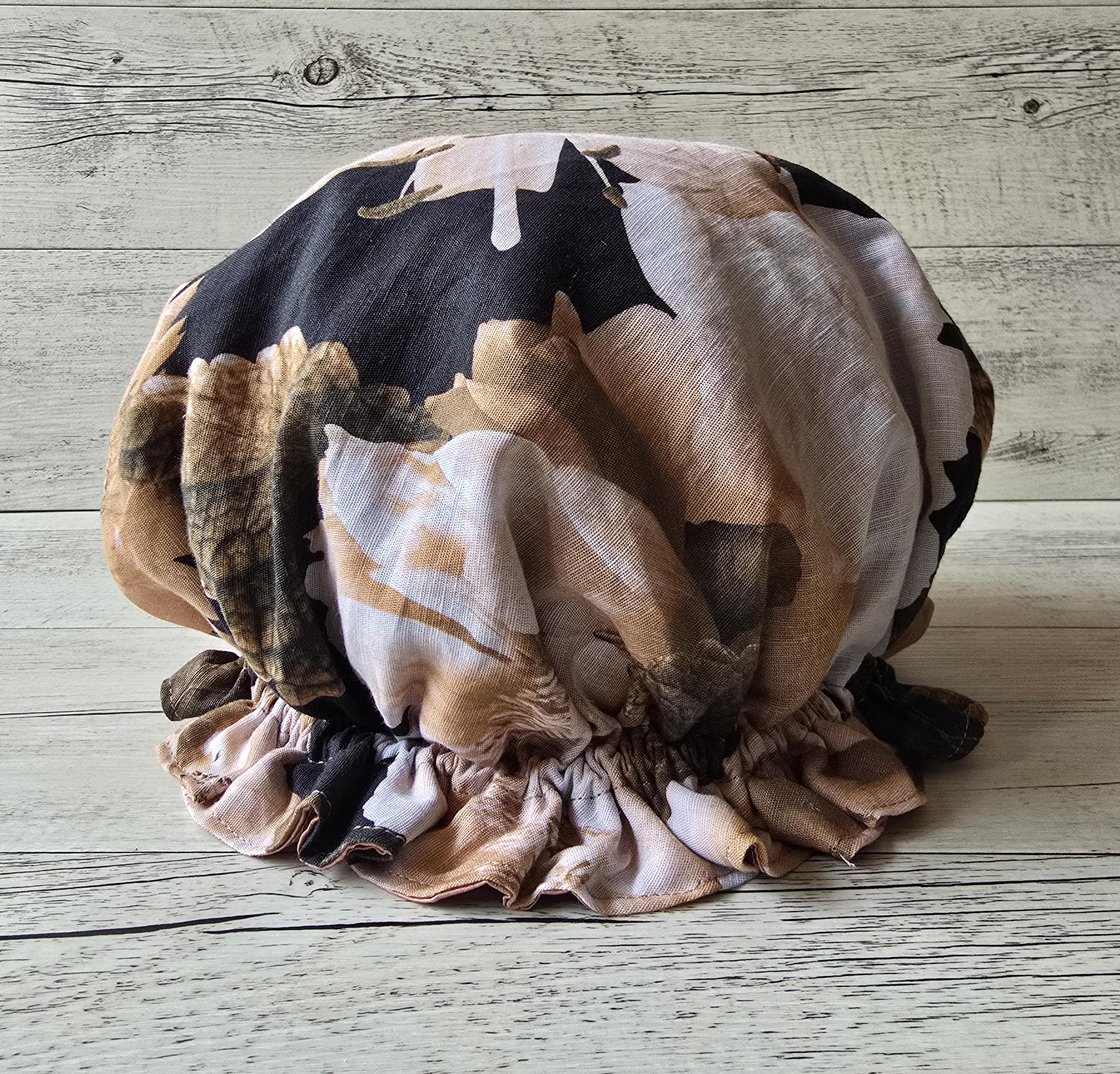 Luxury waterproof shower cap - Black Beige Floral Linen