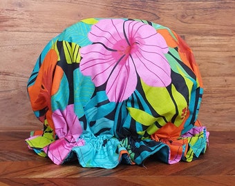 Womens luxury waterproof shower cap - Jade/Black/Pink/Orange Hawaiian Print