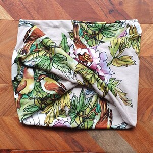 Multi Style Twisted Wide Headband- extra wide, turban, messy hair, comfy, workout, yoga, stretch knit - adult size - taupe bird/floral print