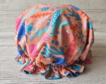 Luxury waterproof shower cap for women/kids - Orange Sealife Print