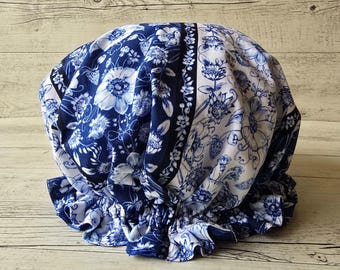 Luxury waterproof shower cap  - Blue White Floral Print