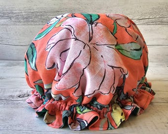 Luxury waterproof shower cap for women/kids - Orange Green Floral Linen