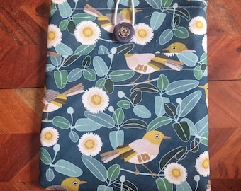 Floral Bird Padded Book Sleeve: Teal Cotton Book Cover