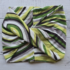 Multi Style Twisted Wide Headband- extra wide, turban, messy hair, comfy, workout, yoga, stretch knit - adult size - Green Stripe