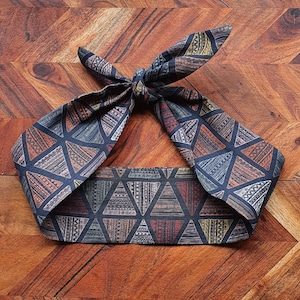 Retro Linen hair tie hair bow hair scarf -Black abstract print - Women and Girls